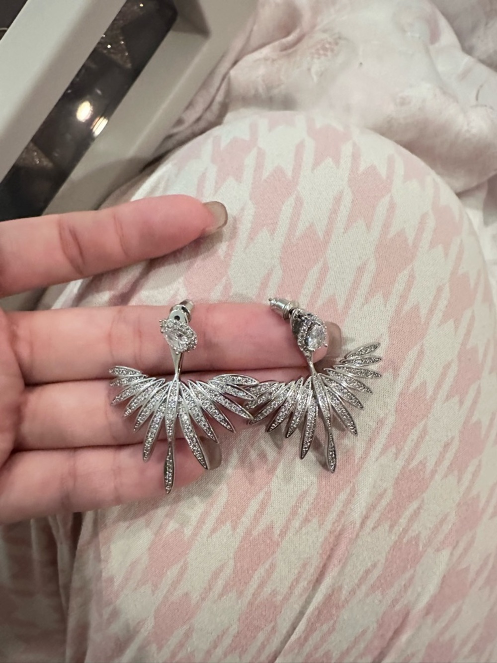 Silver Crystal Fan Drop Earrings - Elegant Pink Accents